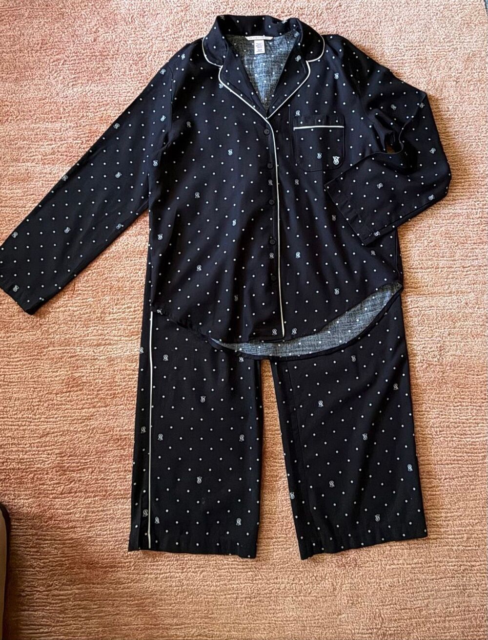 Victoria’s Secret Black & Beige Polka Dot Pajama Set Cotton Modal Button-Up Shir